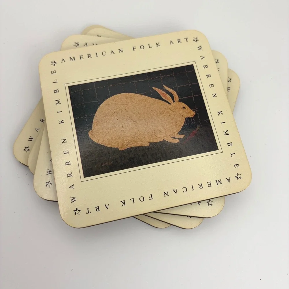 Warren Kimble Otagiri American Folk Art Rabbit Coasters Set of 4 Vintage